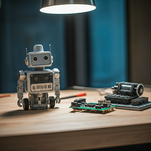 Close-up of a robot and electronic components on a workbench.